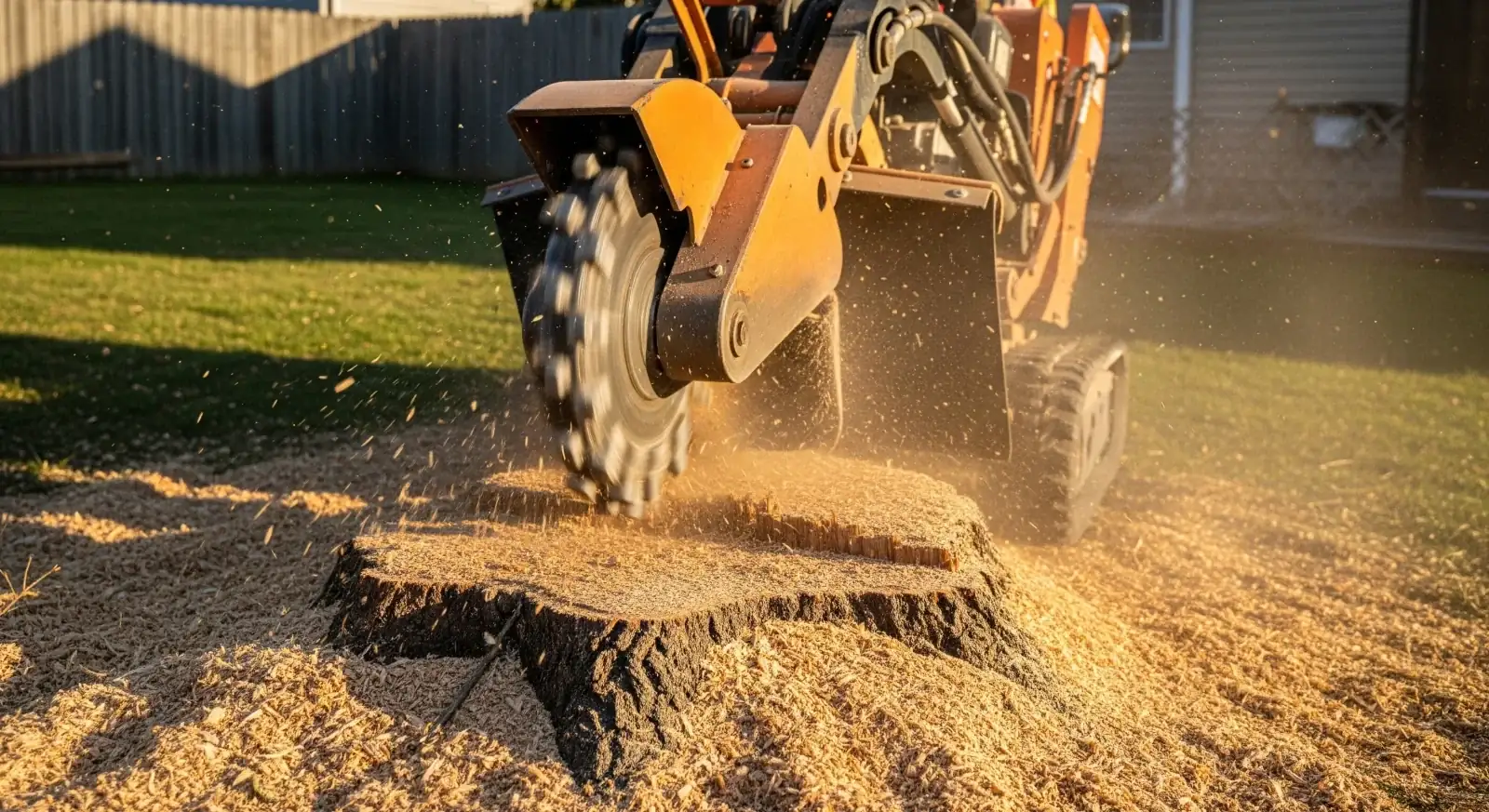 Stump grinder reducing a tree stump to chips below grade